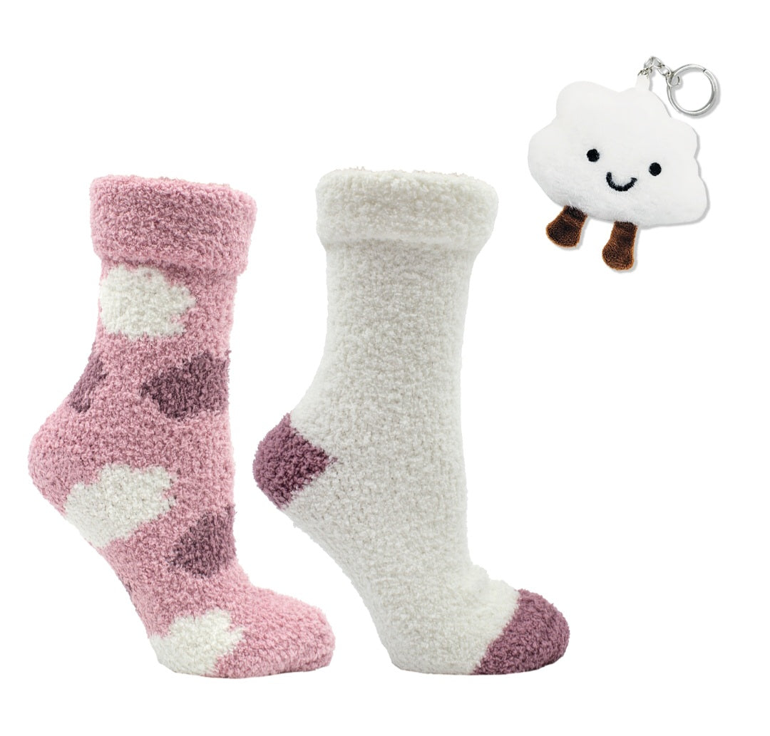 2 Pair Fluffy Chenille Socks - Clouds- Rasberry